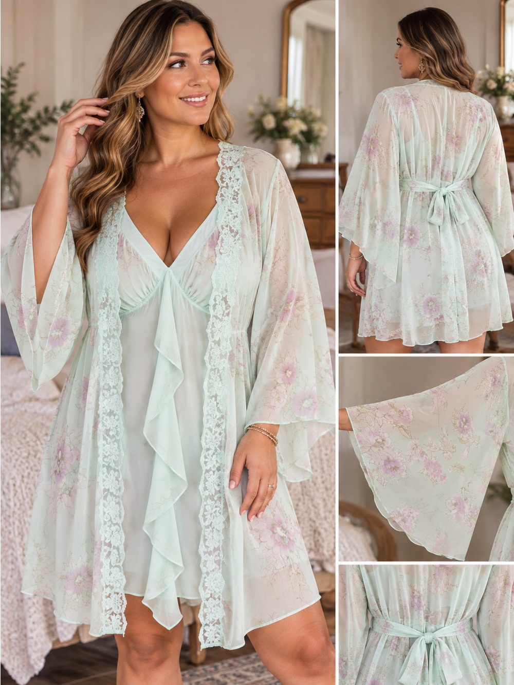 Vintage 2 piece California Dynasty Sheer Floral Lace Chemise & Robe Set - Mint
